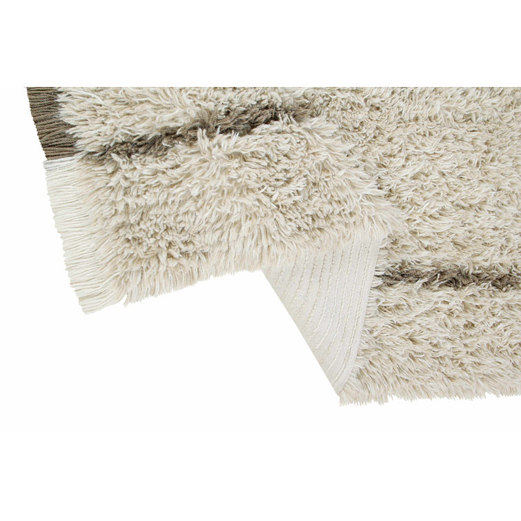 Beige Wool Flat Woven Washable Area Rug with Fringe