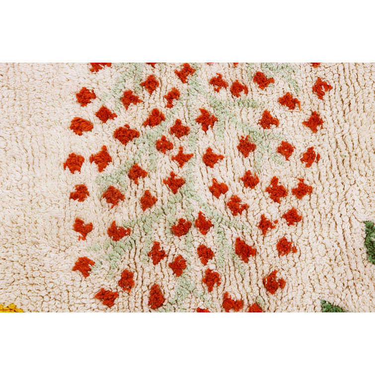 Cream Rectangular Botanic Plants Wool Cotton Area Rug