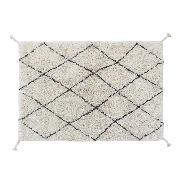 Handmade Rectangular Black and Beige Wool Cotton Rug