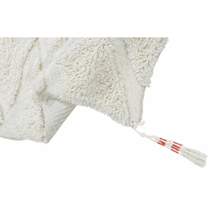 Scandinavian Ivory Wool Handmade Accent Rug with Tassels