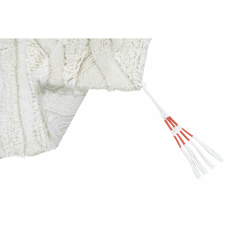 Scandinavian Ivory Wool Handmade Accent Rug with Tassels