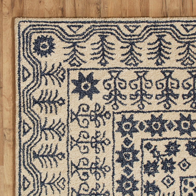 Blue and White Hand-Tufted Wool Rectangular Rug 8' x 11'