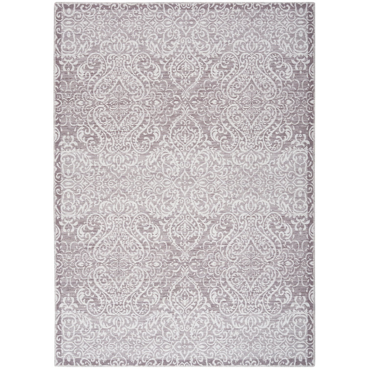 Stone Gray Damask Washable Chenille Area Rug 7'10" x 9'10"