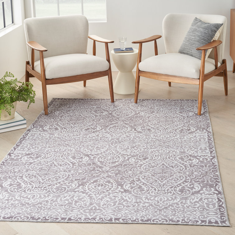 Stone Gray Damask Washable Chenille Area Rug 7'10" x 9'10"