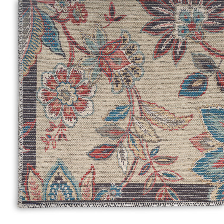 Beige Floral Chenille Rectangular Washable Area Rug
