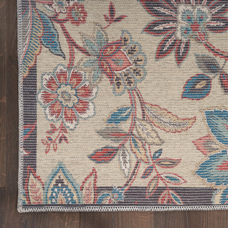 Beige Floral Chenille Rectangular Washable Area Rug