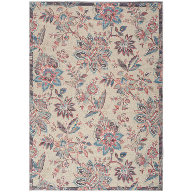 Beige Floral Chenille Rectangular Washable Area Rug