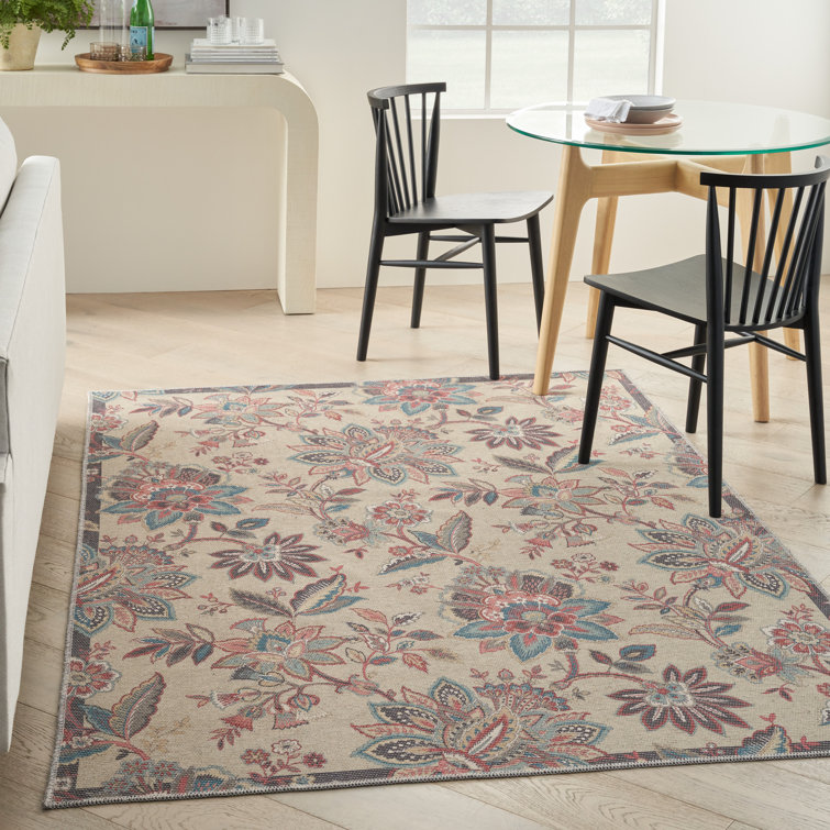 Beige Floral Chenille Rectangular Washable Area Rug