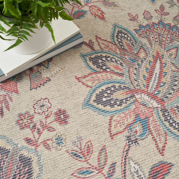 Beige Floral Chenille Rectangular Washable Area Rug