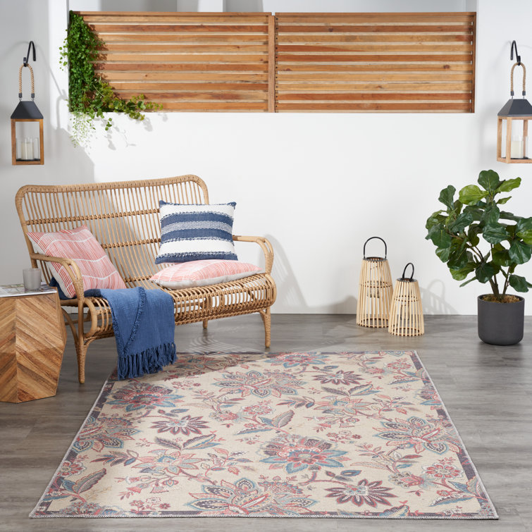 Beige Floral Chenille Rectangular Washable Area Rug