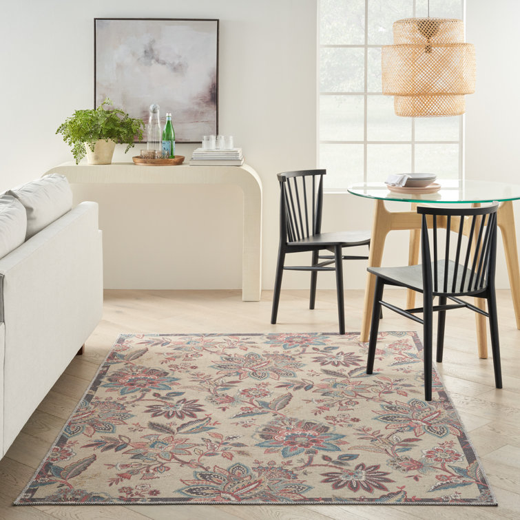 Beige Floral Chenille Rectangular Washable Area Rug