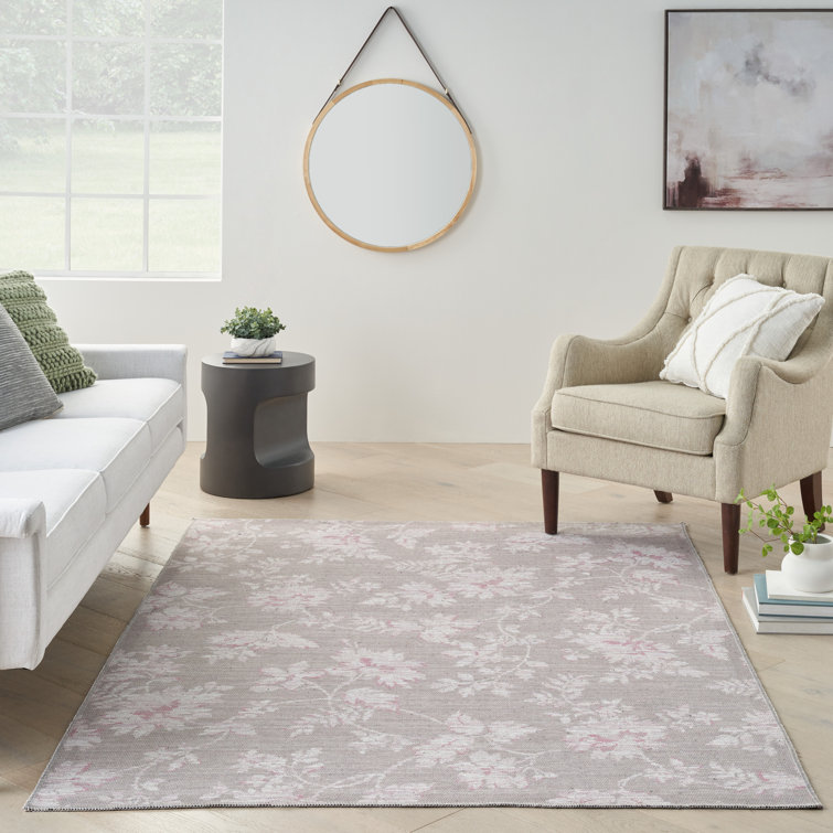 Natural Floral Chenille Rectangular Washable Area Rug