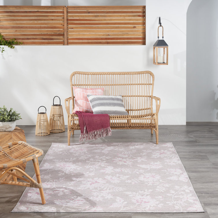 Natural Floral Chenille Rectangular Washable Area Rug