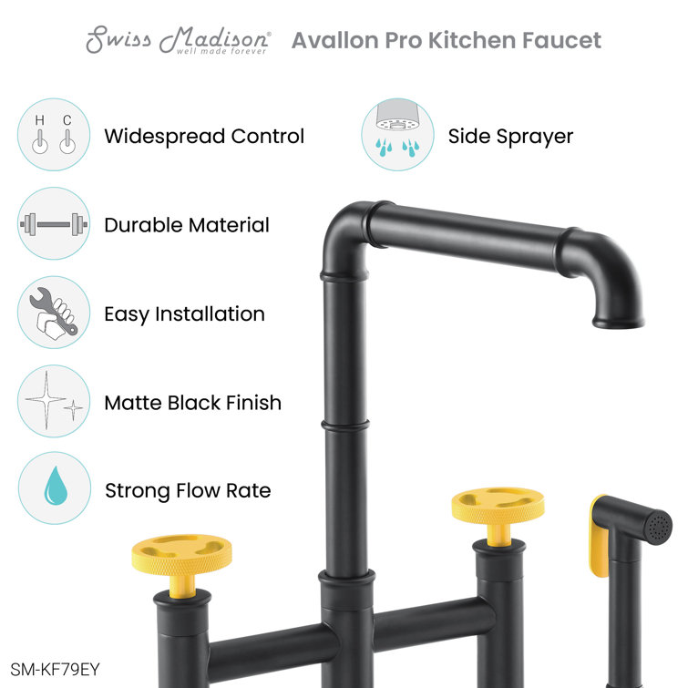 Avallon Pro Matte Black and Yellow Brass Kitchen Faucet with Side Sprayer