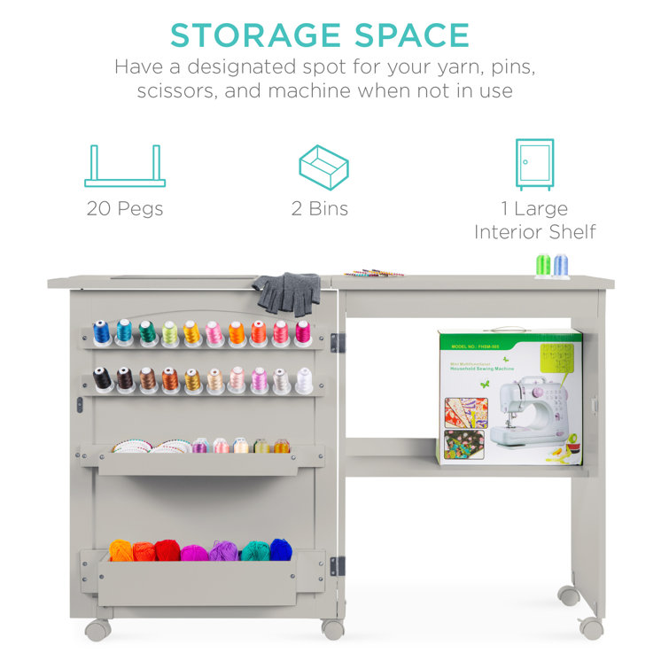 Gray Folding Sewing Table with Storage and Wheels
