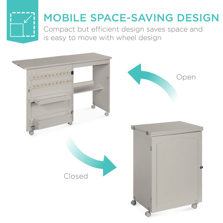 Gray Folding Sewing Table with Storage and Wheels