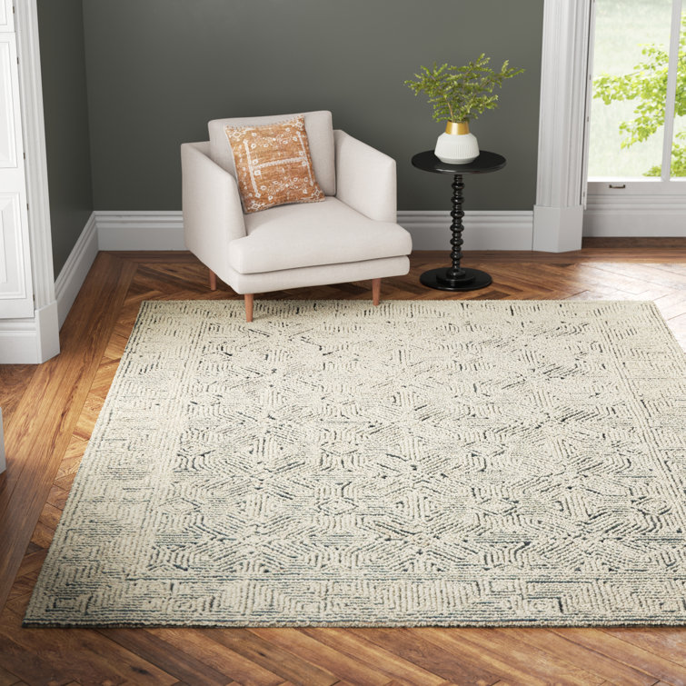 Cream and Navy Tufted Geometric Wool Area Rug