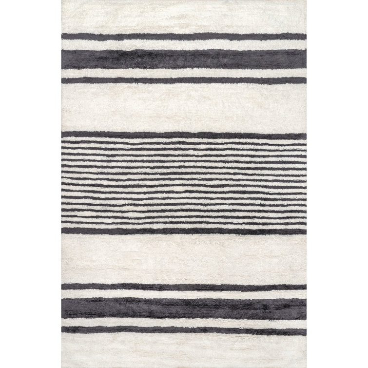 Ivory and Black Striped Wool Washable 4' x 6' Area Rug