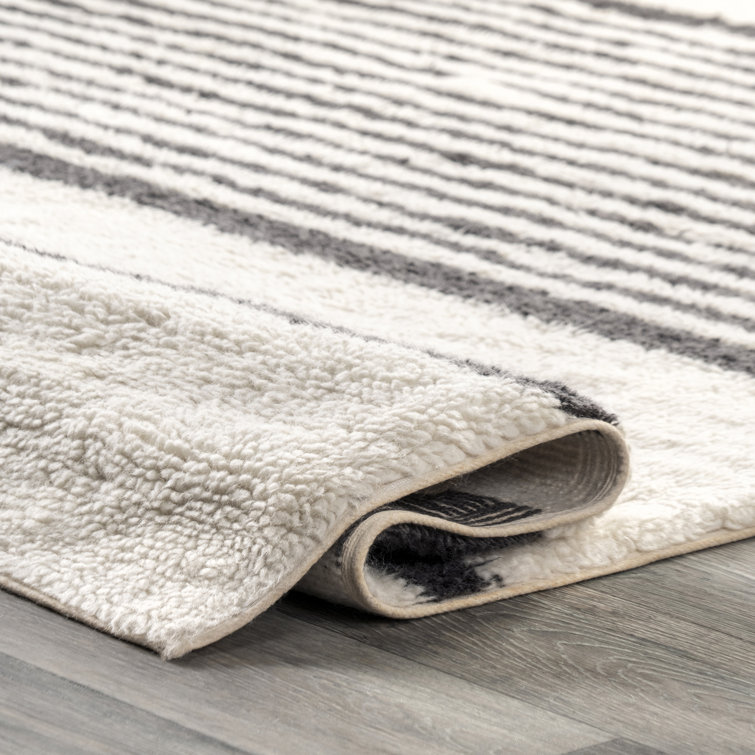 Ivory and Black Striped Wool Washable Area Rug 5' x 8'