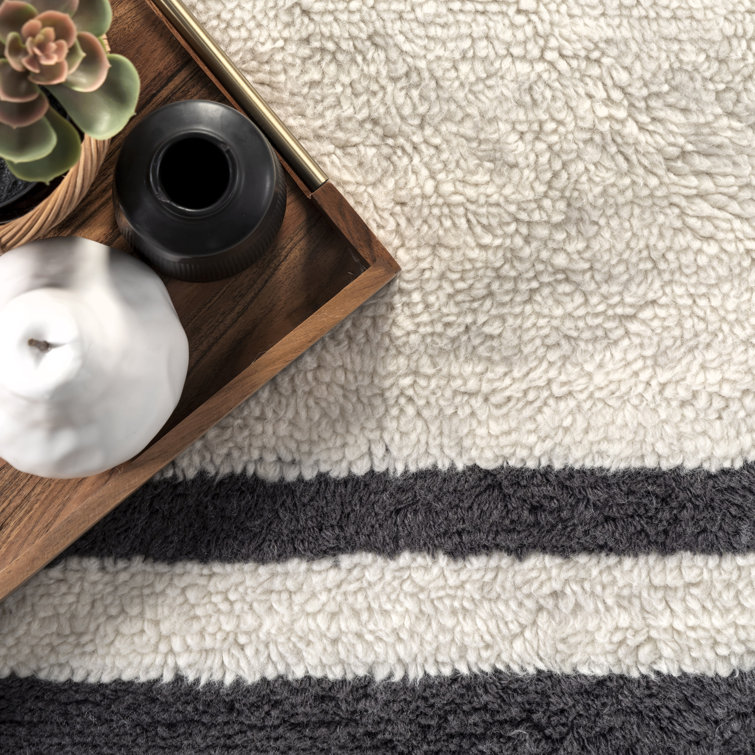 Ivory and Black Striped Wool Washable Area Rug 5' x 8'