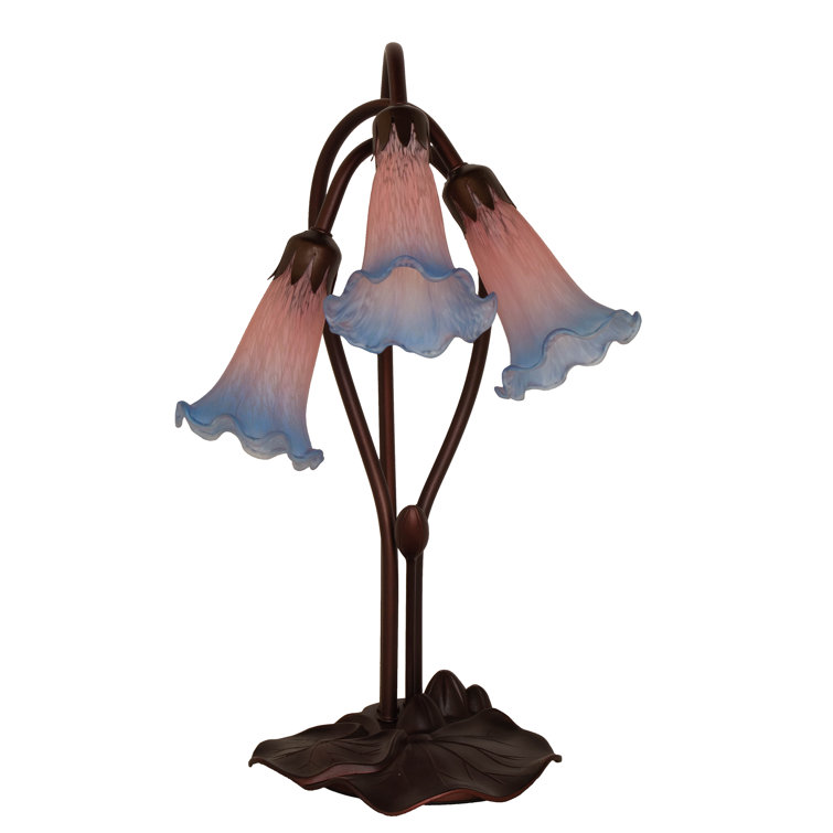 Indigo Blue and Pink Pond Lily 3-Light Accent Table Lamp in Mahogany Bronze