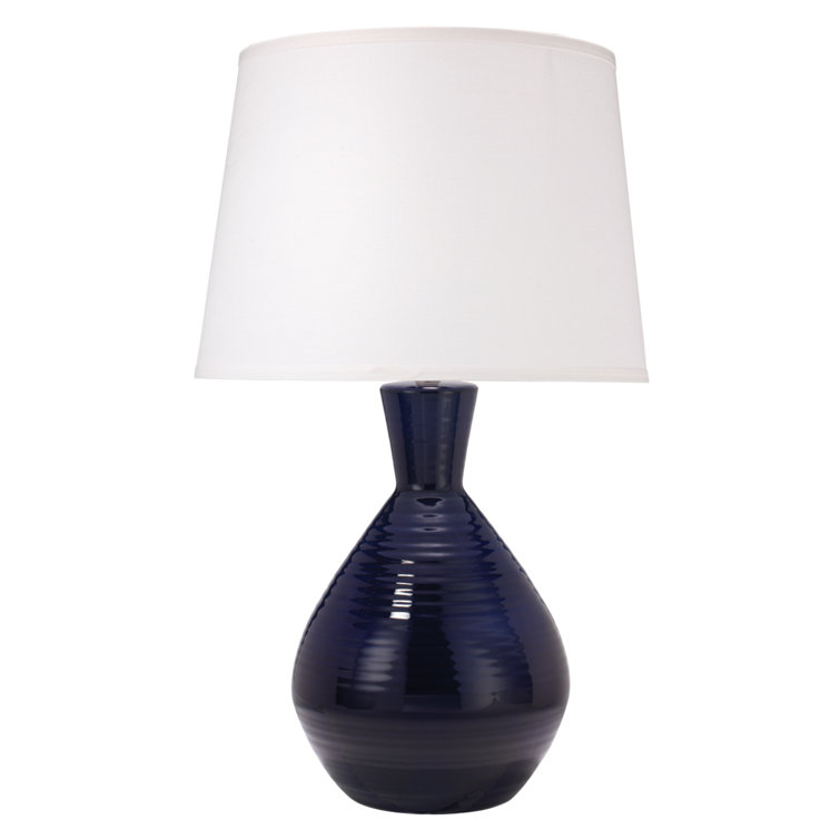 Navy Ceramic Table Lamp with White Linen Shade