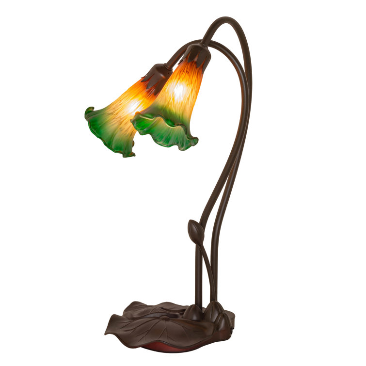 Amber and Green Glass 2-Light Bronze Lily Accent Lamp