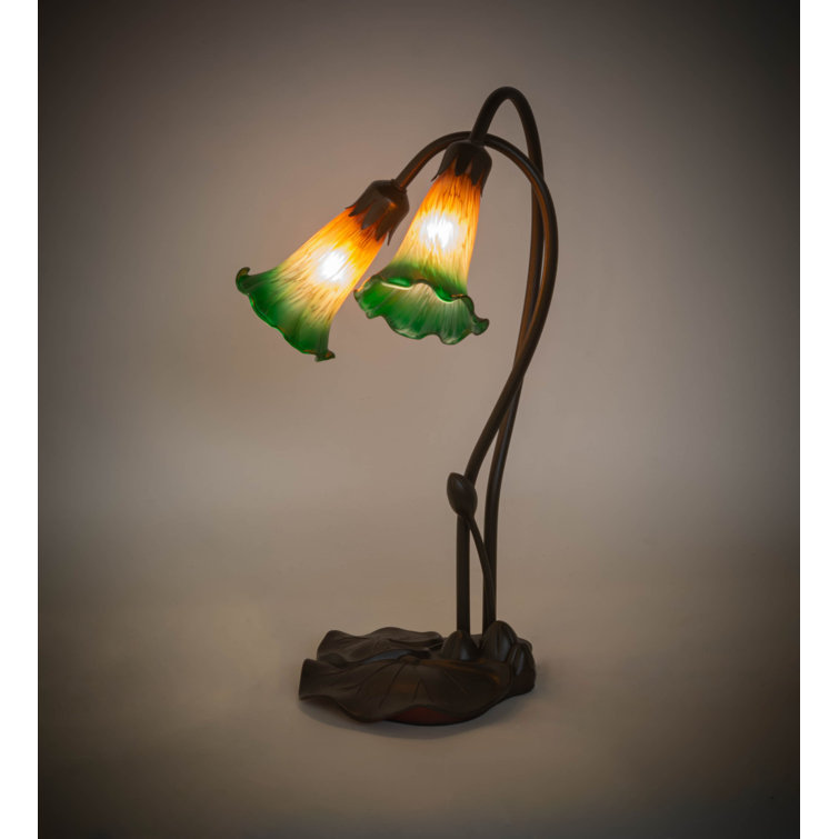 Amber and Green Glass 2-Light Bronze Lily Accent Lamp