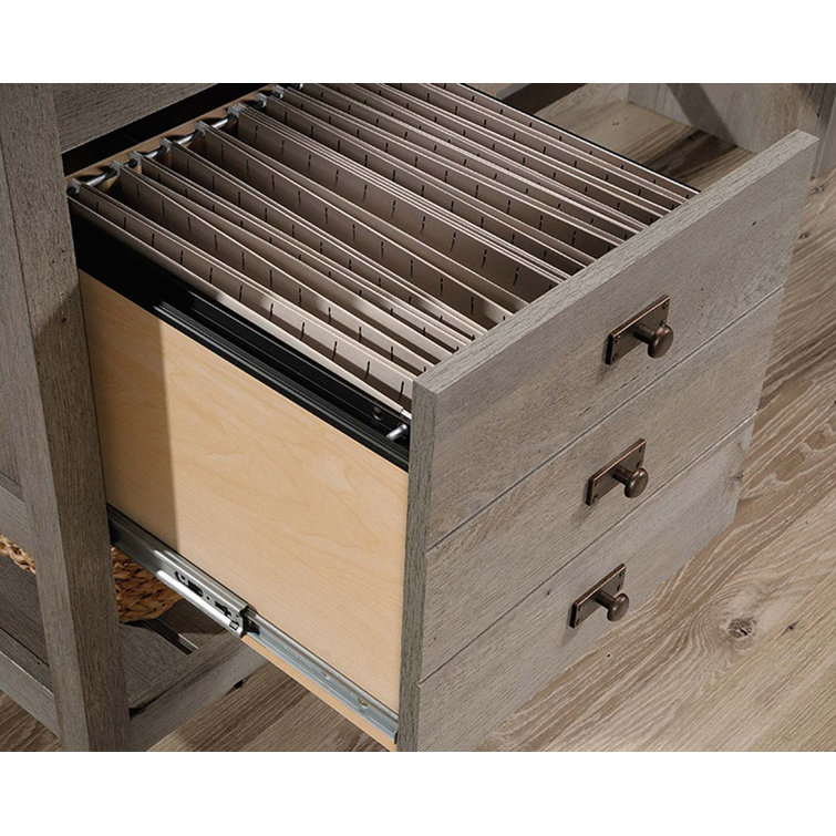Mystic Oak L-Shaped Writing Desk with Drawer and Filing Cabinet