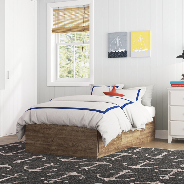 White Twin Wood Frame Platform Bed with Storage Drawers