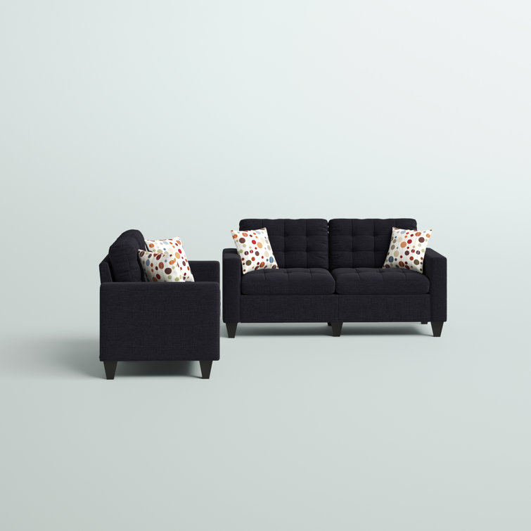 Black Polyester Blend Sofa and Loveseat Set with Dark Brown Legs