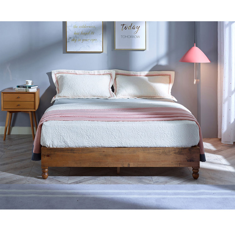 Rustic Pine Teak Finish King Bed Frame with Headboard and Drawers