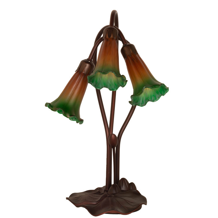 Amber Green Stained Glass Bronze 3-Light Table Lamp