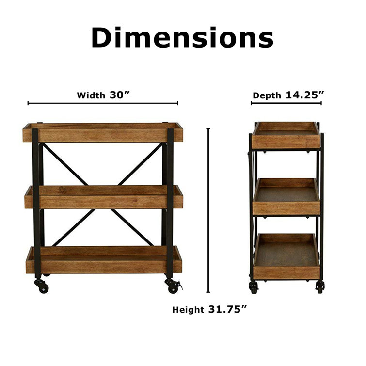Riley Modern 3-Tier Rolling Bar Cart with Matte Black and Medium Brown Wood Finish