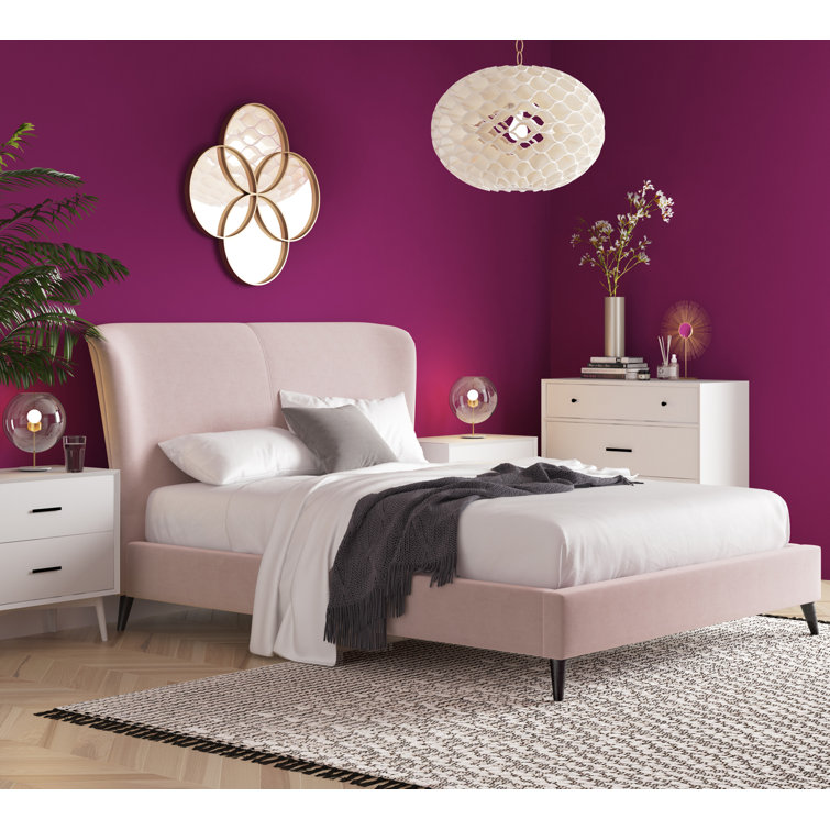 Queen Blush Pink Velvet Upholstered Wingback Bed with Wood Frame