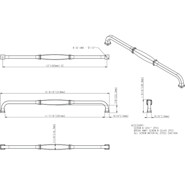 Matte Black Modern 305 mm Cabinet Pull with Mounting Hardware