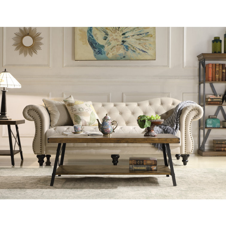 Chandler Pine Brown Solid Wood & Steel Coffee Table with Shelf