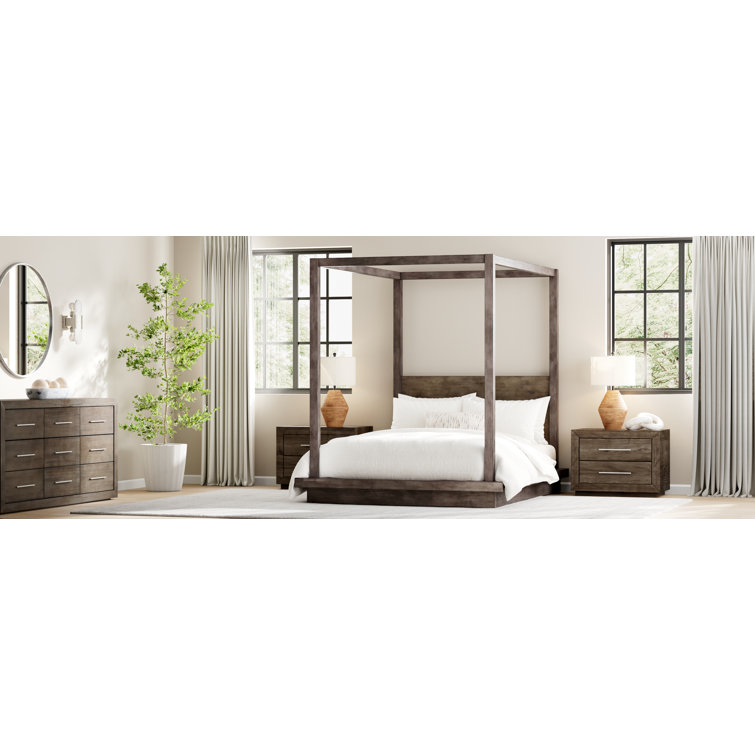 Rustic Dark Pine Queen Canopy Bed with Plinth Base and Storage Drawer