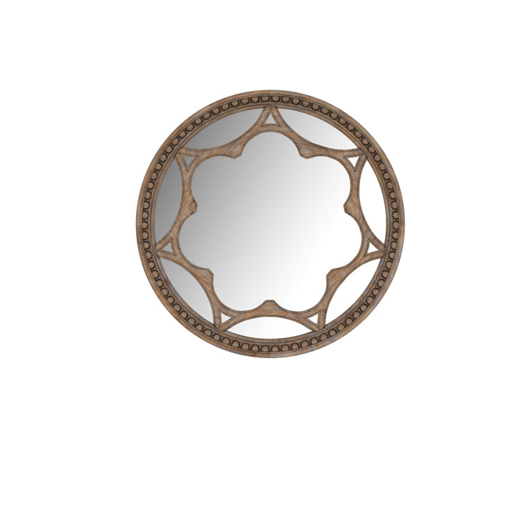 Transitional Round Brown Wood Wall Mirror