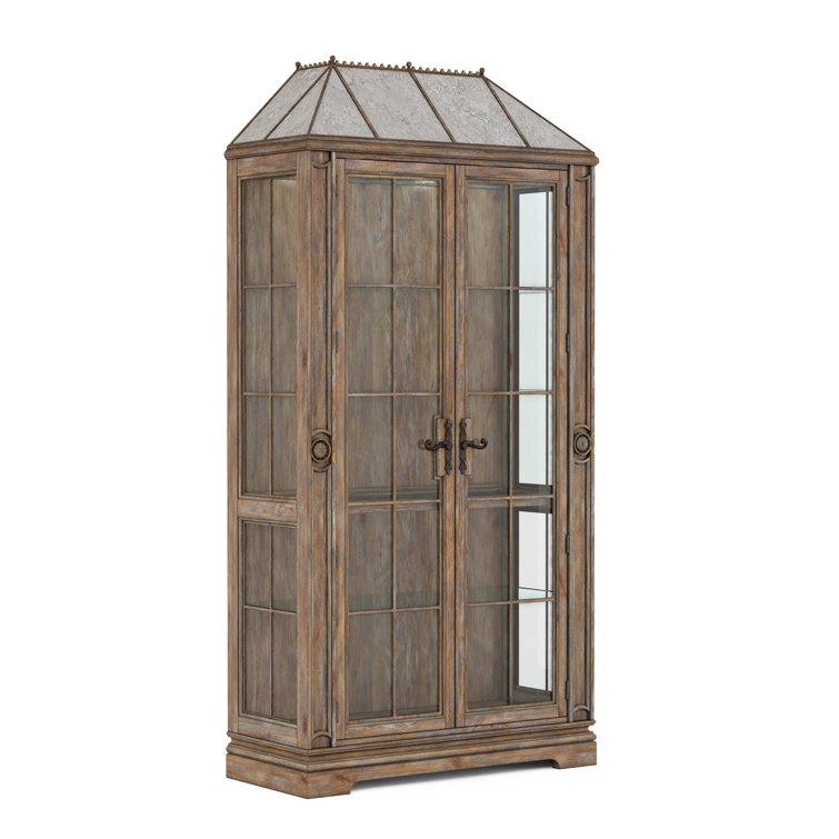 Almond Pine Lighted China Cabinet with Metal Accents