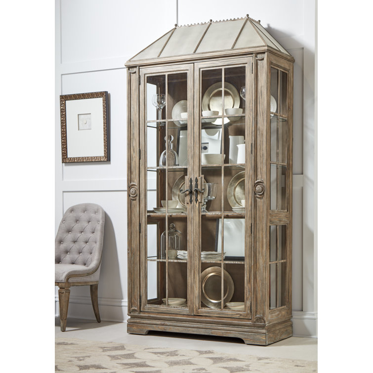 Almond Pine Lighted China Cabinet with Metal Accents