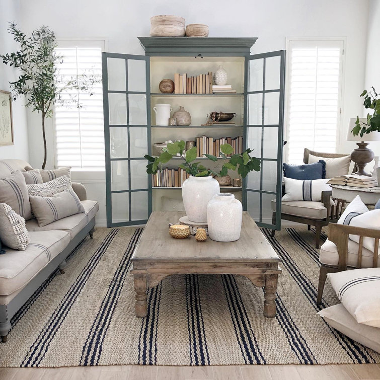 Indigo and Beige Handwoven Jute Stripe Rug, 6' x 9'