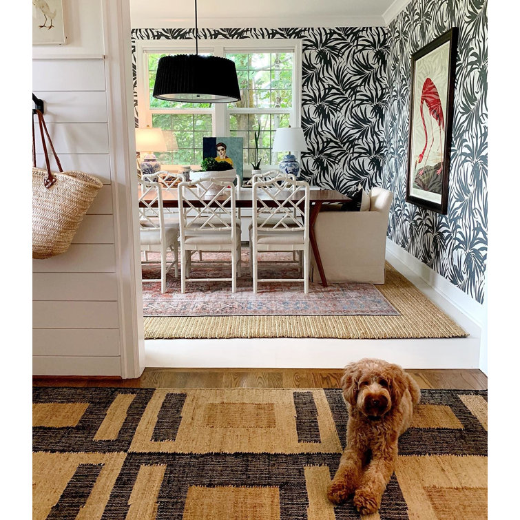 Handmade Black and Beige Geometric Wool and Viscose Area Rug