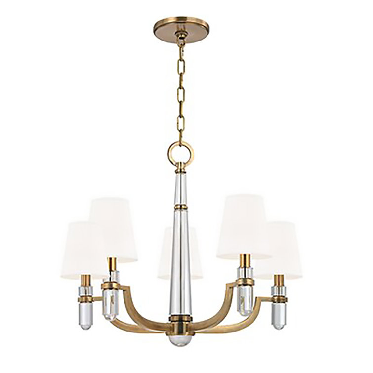 Elegant Aged Brass 5-Light Chandelier with White Faux Silk Shades