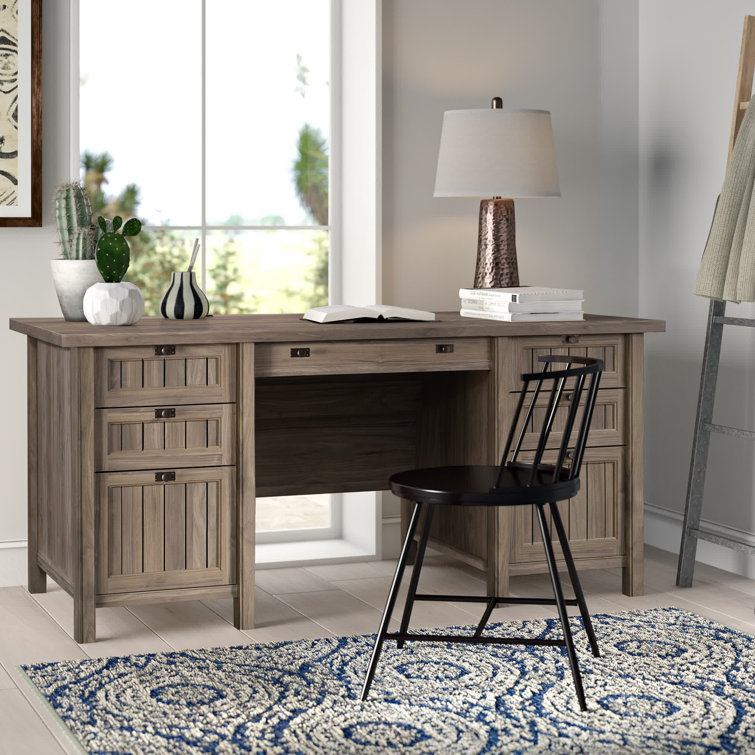 Washed Walnut Executive Desk with Drawers and Keyboard Tray
