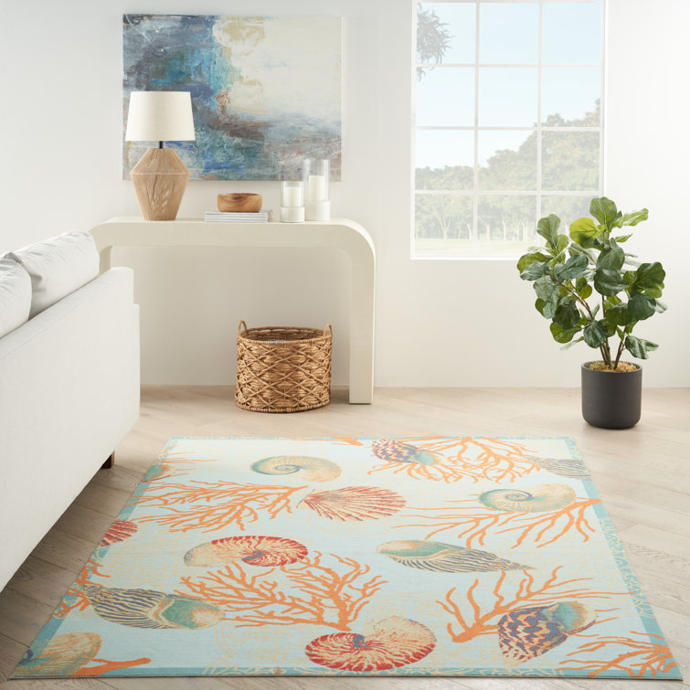 Coastal Bliss Light Blue Floral 4' x 6' Easy-Care Synthetic Rug