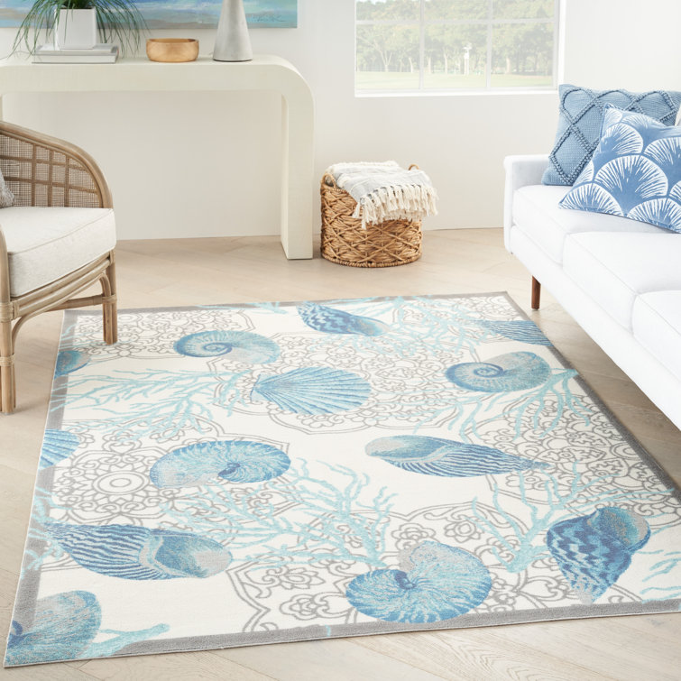 Ivory Blue Floral Synthetic Rectangular Area Rug 6'6" x 9'6"