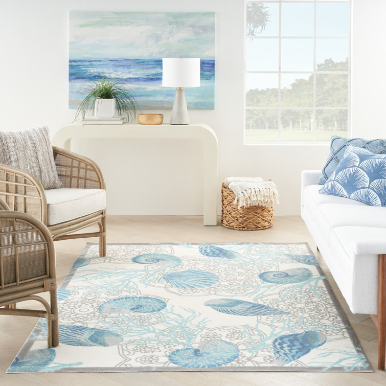 Ivory Blue Floral Synthetic Rectangular Area Rug 6'6" x 9'6"