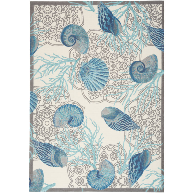 Ivory Blue Floral Synthetic Rectangular Area Rug 6'6" x 9'6"