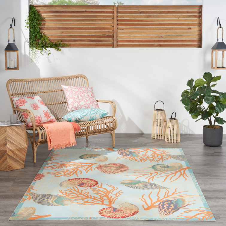 Coastal Bliss Light Blue Floral 4' x 6' Easy-Care Synthetic Rug